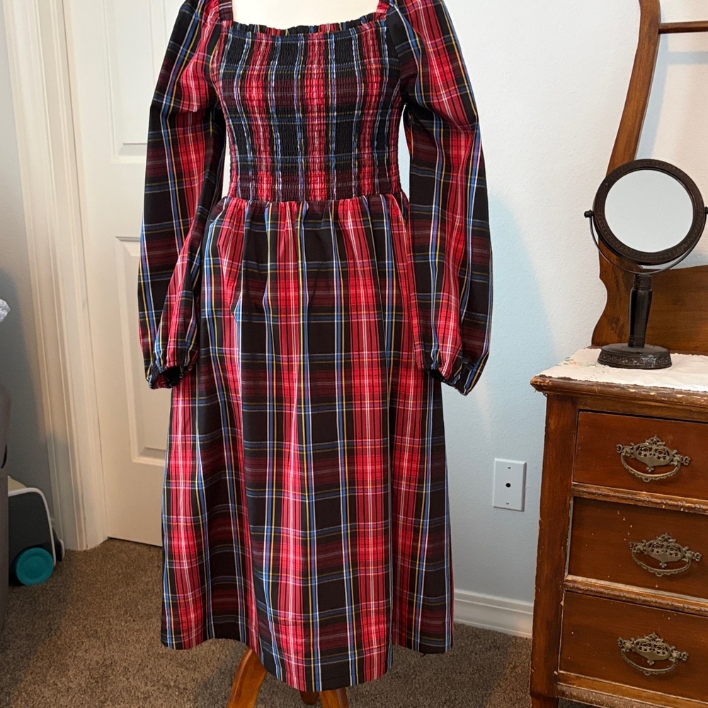 Draper James Red and Black Plaid Long Sleeve Midi Dress